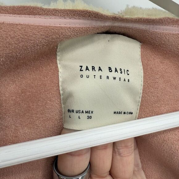 Zara Tan Faux Suede Teddy Sherpa Jacket Coat Oversized Size Large Pink - Picture 2 of 11